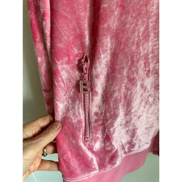 90s Y2K Velvet Pink Hoodie Rhinestone Logo BCBG Bling Paris Hilton Looks Velour - Picture 5 of 13